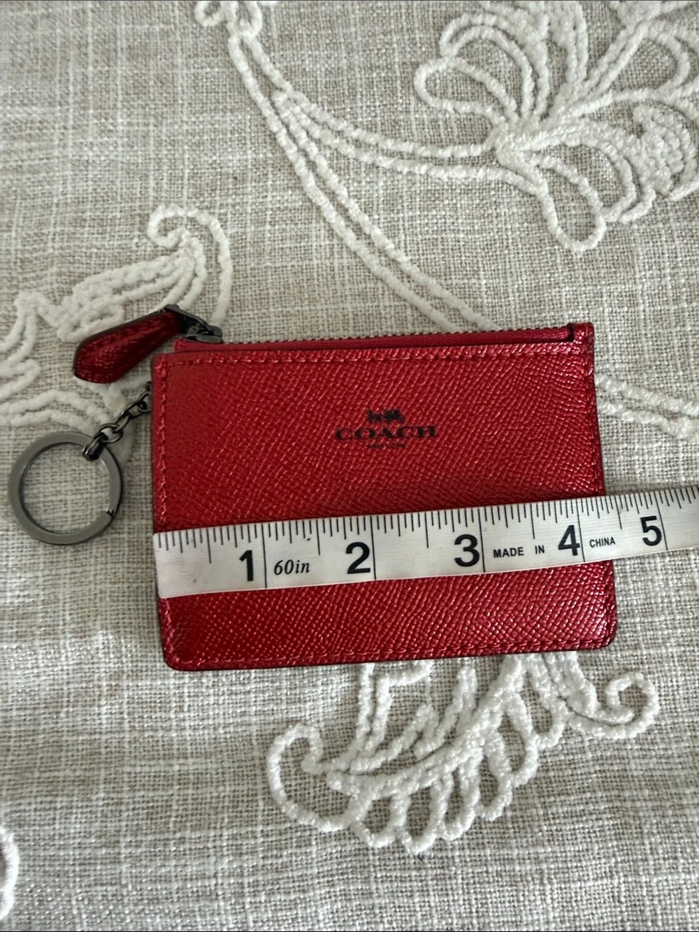 Coach Metallic Red Saffiano Leather Slim Zip Card Holder with Key Ring #F21072